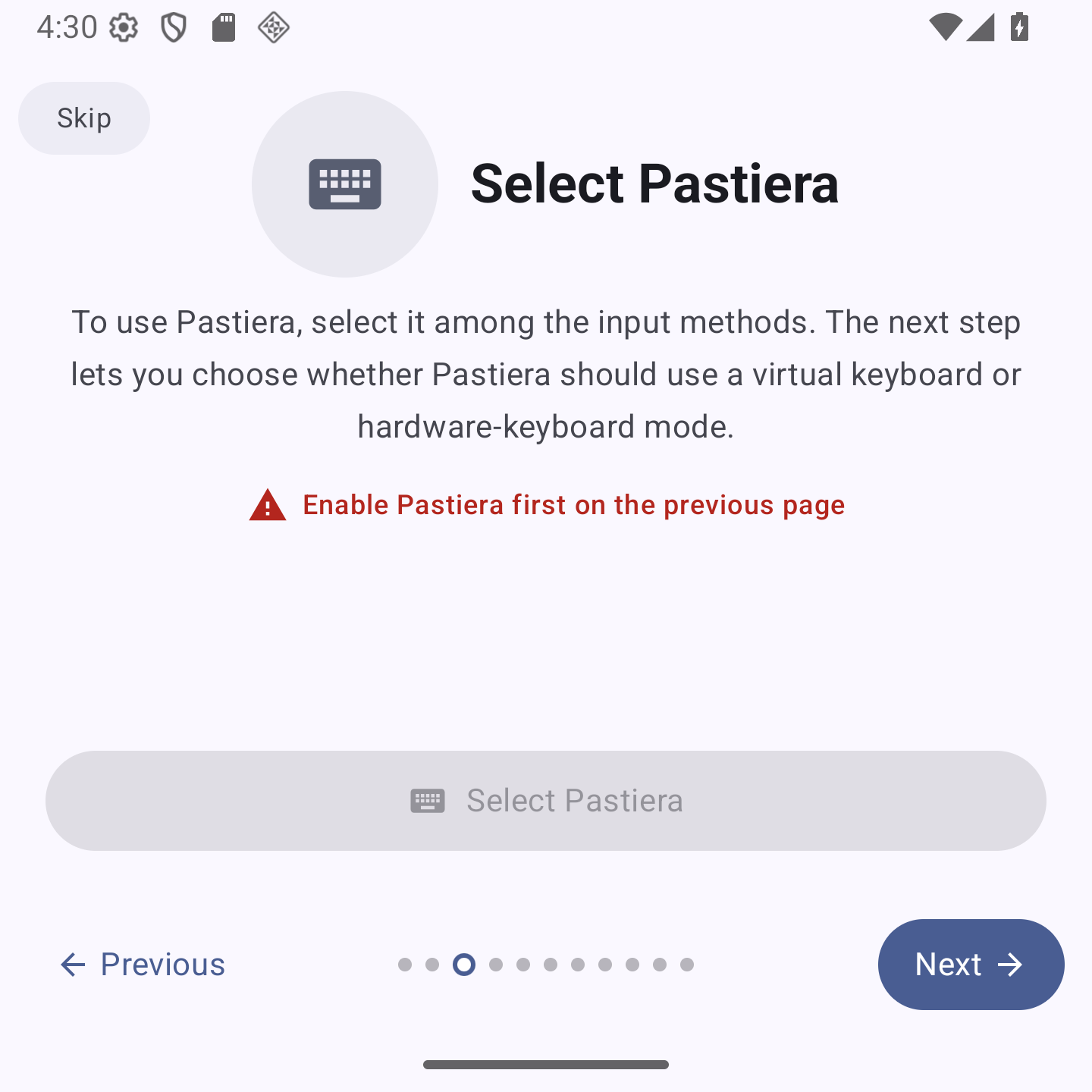 Pagina tutorial di Pastiera per selezionare Pastiera come metodo di input attivo